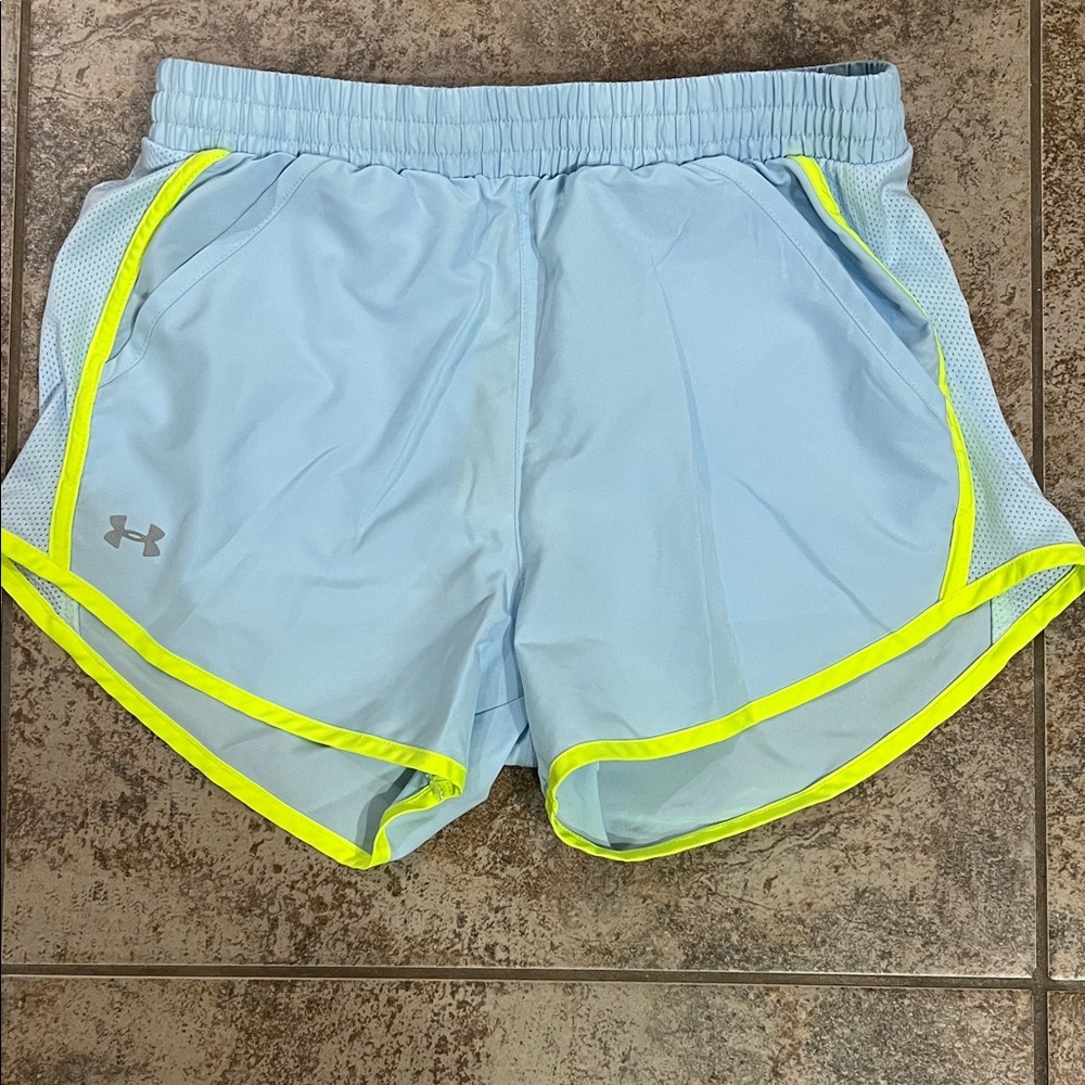 Under Armour Women's Sky Blue Shorts with Neon Yellow Trim